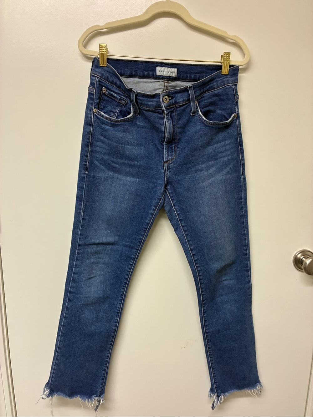 James Jeans Dark Blue Cropped Skinny Jeans with Frayed Hem 29